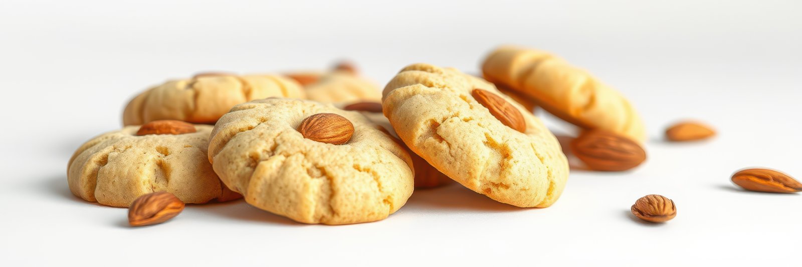 Freshly baked almond cookies on a light background with scattered almonds nearby